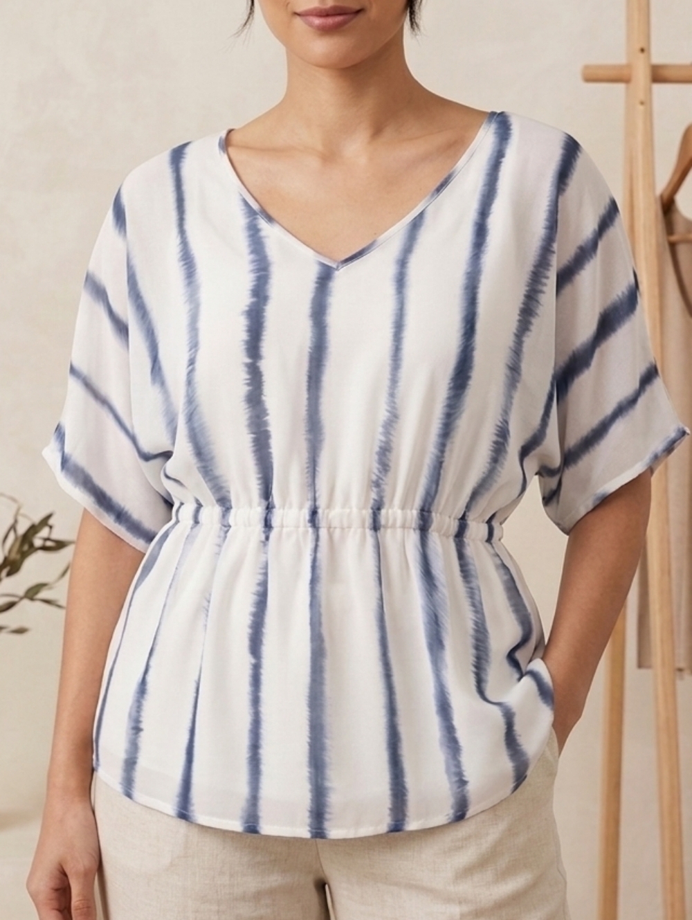 Quiksilver Women's Blue Stripe V-Neck Elastic Waist Top Size S Y2k